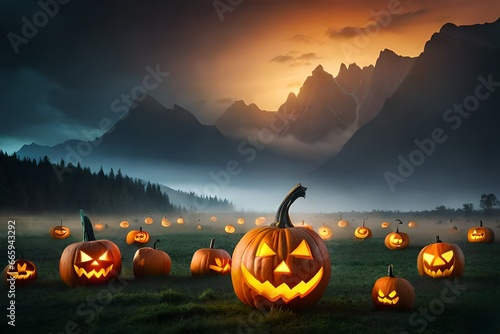 Spooky halloween background. scary pumpkin with burning eyes 