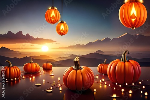 Happy Halloween banner. Festive background with realistic 3d orange pumpkins and flying bats, golden spider, candles, light garlands. Horizontal holiday poster, header for website.