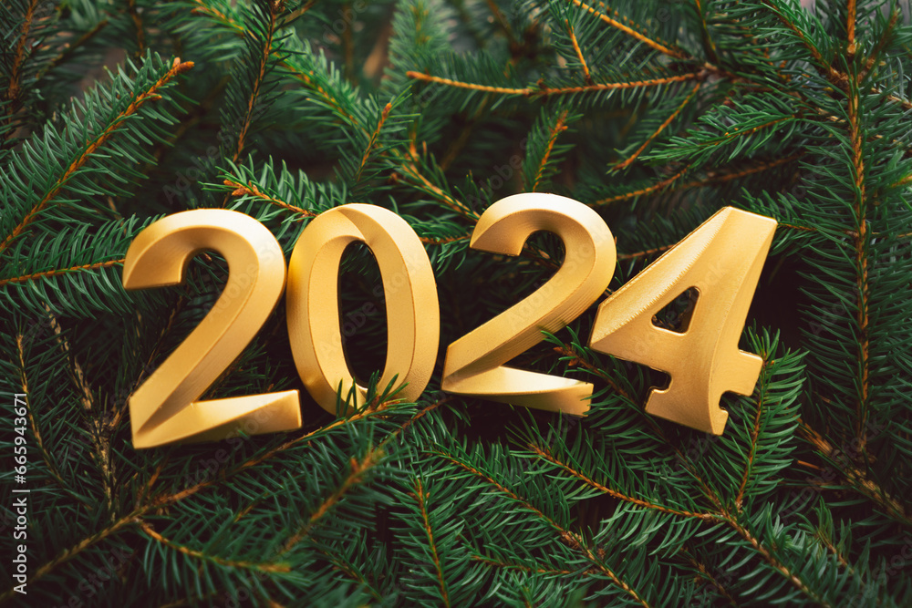 Happy New Years 2024. Many Christmas tree branches. Christmas holiday celebration. Good New Year spirit. Ready postcard. New Year concept. Happy New Years 2024. Many Christmas tree branches. Christmas holiday celebration. Good New Year spirit. Ready postcard. New Year concept.