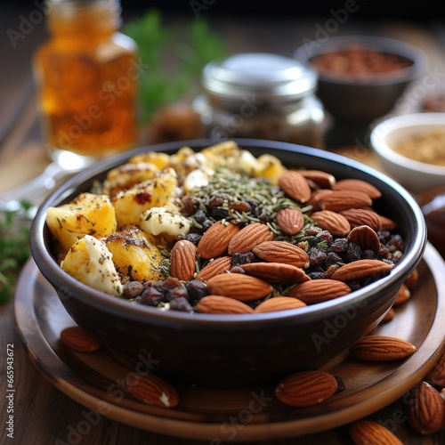 Wooden bowl with mixed nuts ,nuts mix for a healthy diet (cashew, pistachios, hazelnuts, walnuts, almonds) Generative Ai