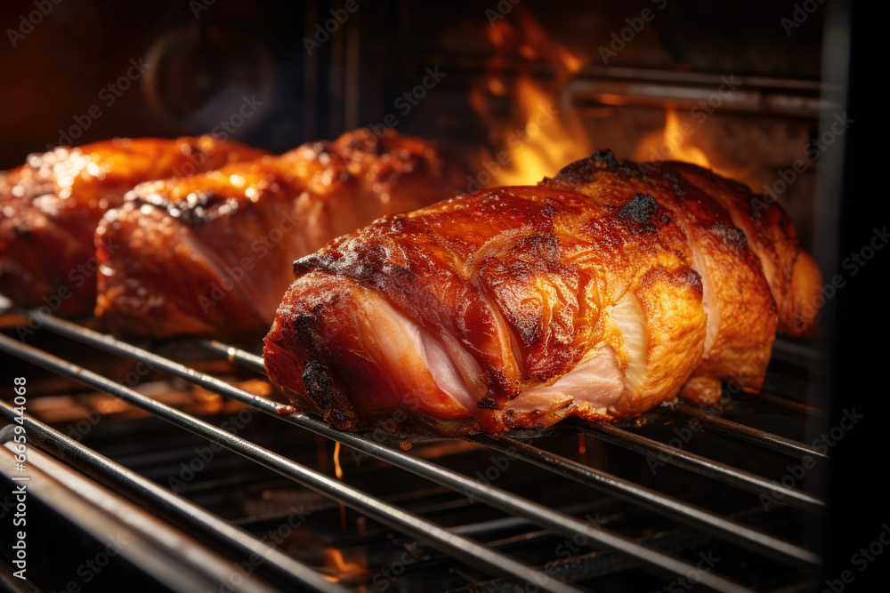 Pork meat with spices roasting in the oven close up Pork meat with spices roasting in the oven close up