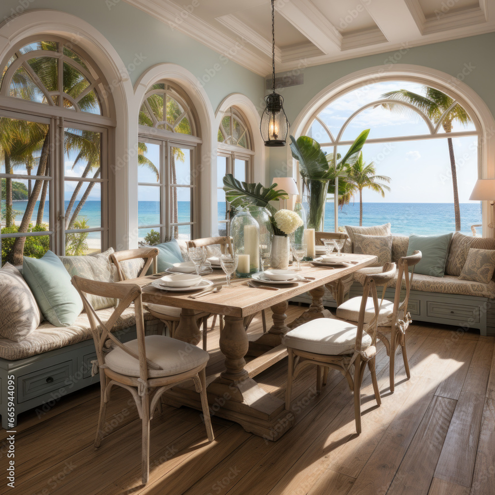 Charming coastal breakfast nook with vaulted 
