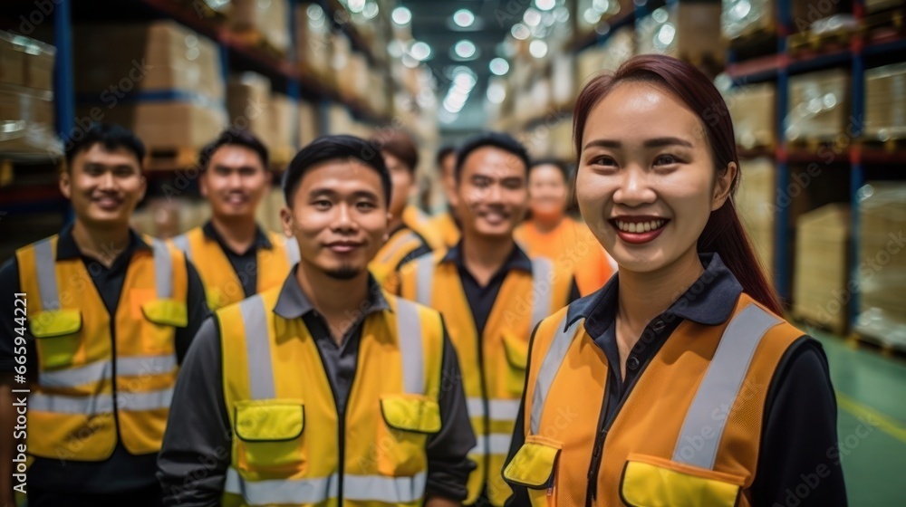 Group of warehouse staffs in warehouse background Group of warehouse staffs in warehouse background