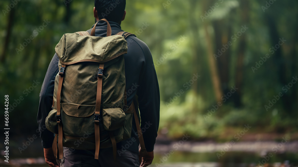 Man Wearing Backpack, Green Forest Background