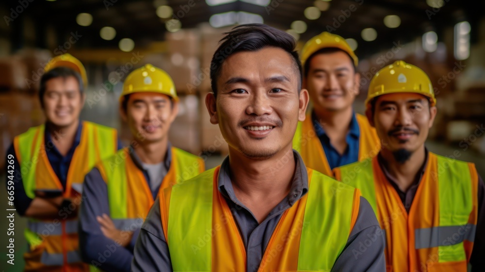 Group of warehouse staffs in warehouse background