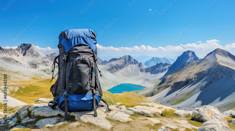 Camping Backpack on the Mountain Background