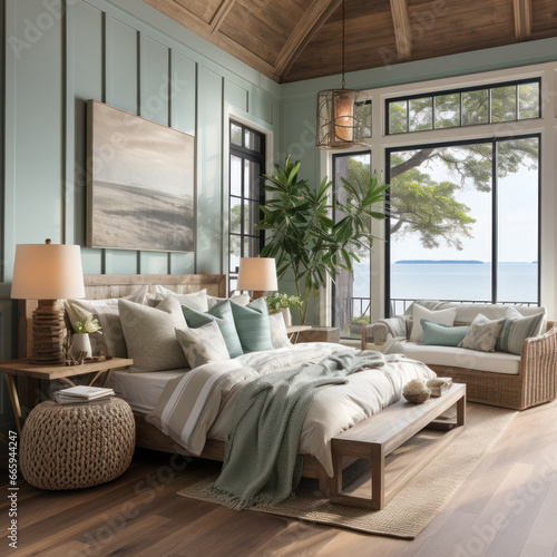  Serene coastal guest room with vaulted ceiling  © Sekai