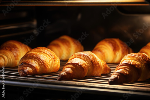 Fresh croissants baking in the oven close up