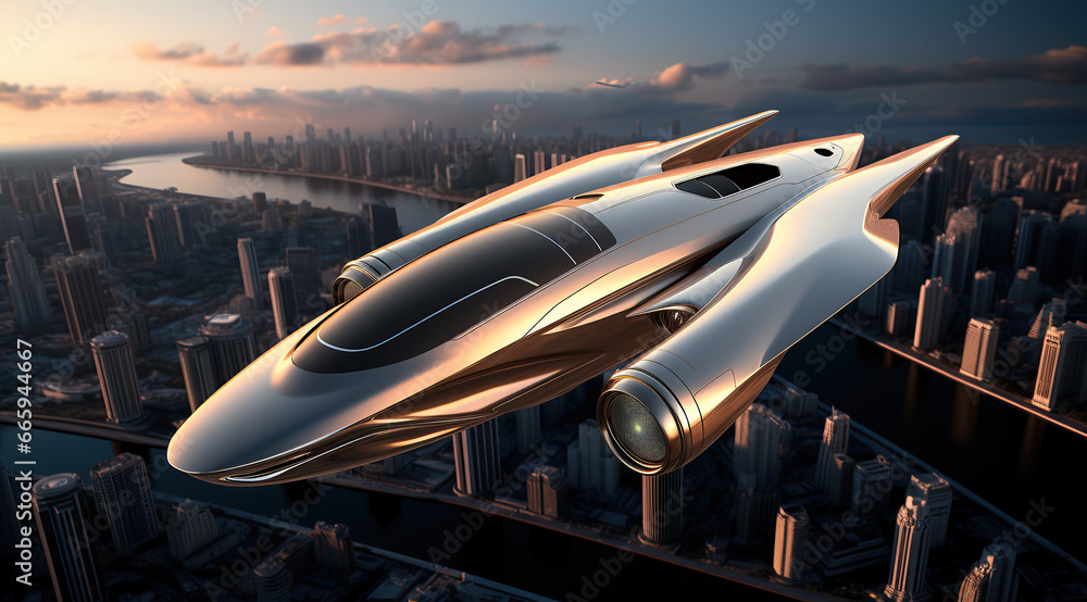 Futuristic Airplane Jet Flying Through the City Futuristic Airplane Jet Flying Through the City