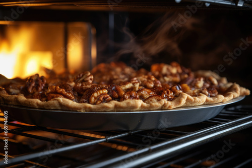 Delicious pecan nut pie baking in oven close up