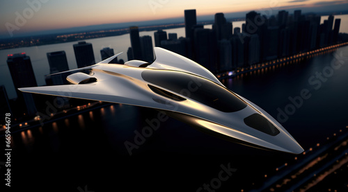 Futuristic Airplane Jet Flying Through the City