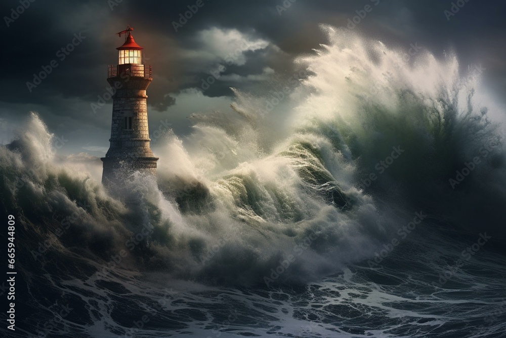 Powerful ocean with imposing waves colliding into the lighthouse. Generative AI