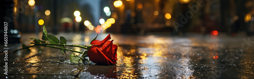 Roses on rainy city street. Breakup breaking up and lost love concept. With copy space  photo