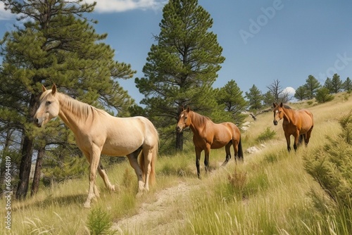Summer scene of untamed equines roaming freely in the Pryor Mountains, Montana. Generative AI photo