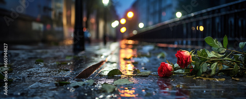 Roses on rainy city street. Breakup breaking up and lost love concept. With copy space  photo