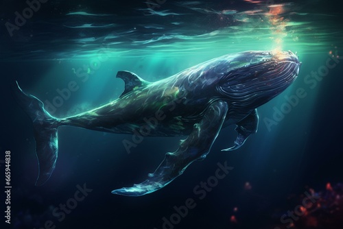 Glowing whale in dark waters. Generative AI © Euphemia