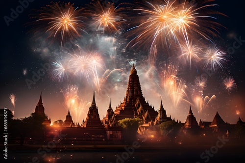 Thai temple, Old Temple, Sukhothai Province, fireworks in the sky. photo