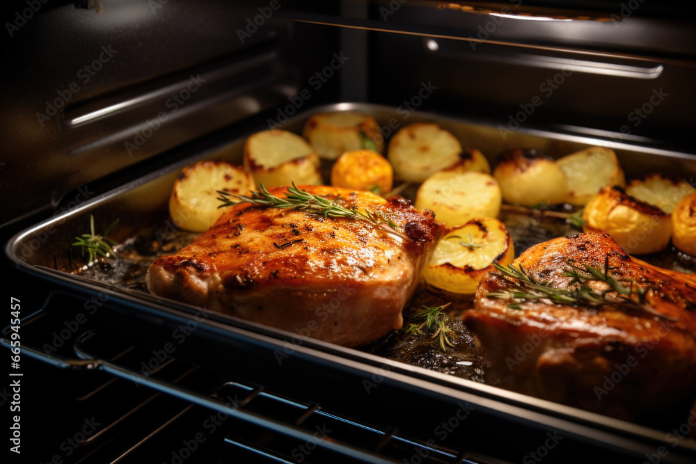 Pork chops with potatoes roasting in the oven close up Pork chops with potatoes roasting in the oven close up