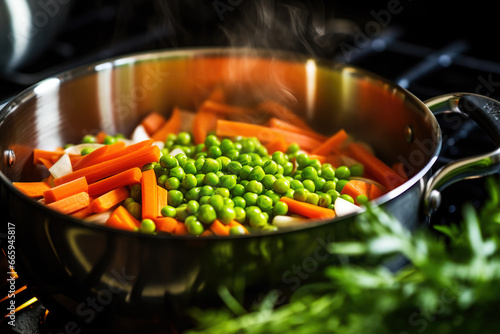 Peas and carrots cooking in the pot on the stove close up
