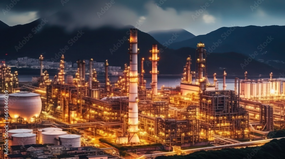 Naklejka premium Close-up view Oil and gas industrial refinery zone,Detail of equipment oil pipeline steel with valve from large oil storage tank at cloudy sky