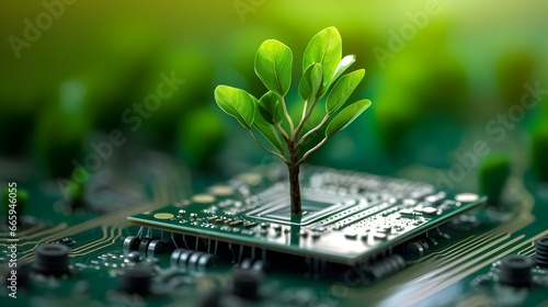 A tree growing on a computer circuit board in symbol of Green Technology Environmental awareness