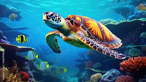 Vibrant Underwater Life: Sea Turtle, Colorful Fish, and Coral in the Ocean - An SEO Perspective © Tarek