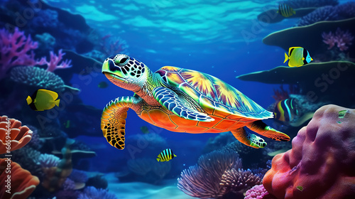 Vibrant Underwater Life  Sea Turtle  Colorful Fish  and Coral in the Ocean Wallpaper