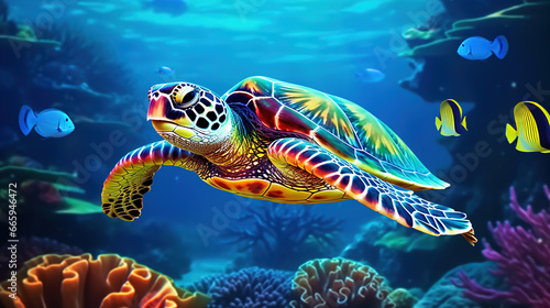 Vibrant Underwater Life: Sea Turtle, Colorful Fish, and Coral in the Ocean - An SEO Perspective © Tarek