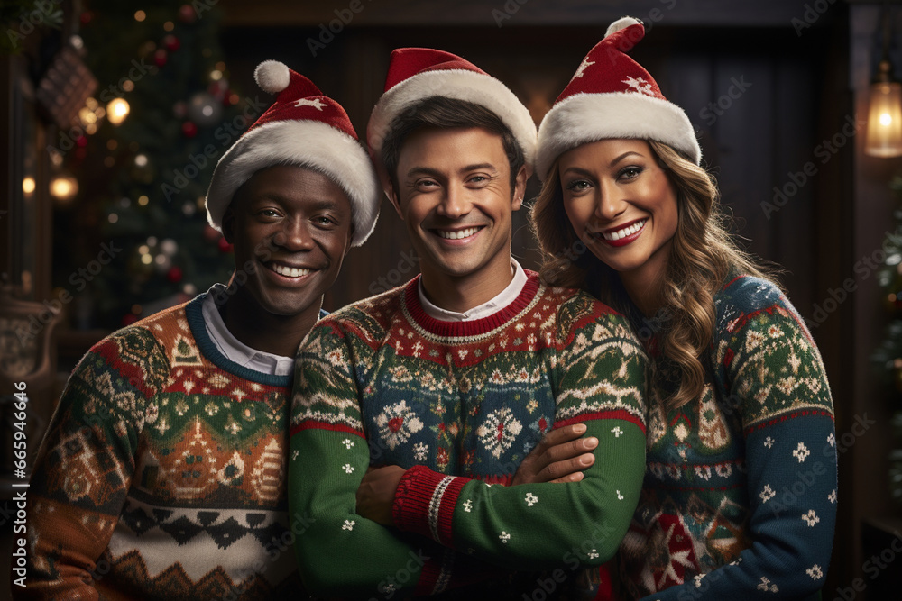 group of elves donning festive and humorous holiday sweaters, bringing a lighthearted touch to the season. Photo group of elves donning festive and humorous holiday sweaters, bringing a lighthearted touch to the season. Photo