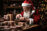 Photograph an elf expertly wrapping presents at a whimsical gift-wrapping station, illustrating their dedication to making gifts perfect. Photo