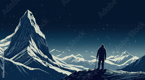 A man at the mountain peak in a dark moonnight advanture in snow landscape photo