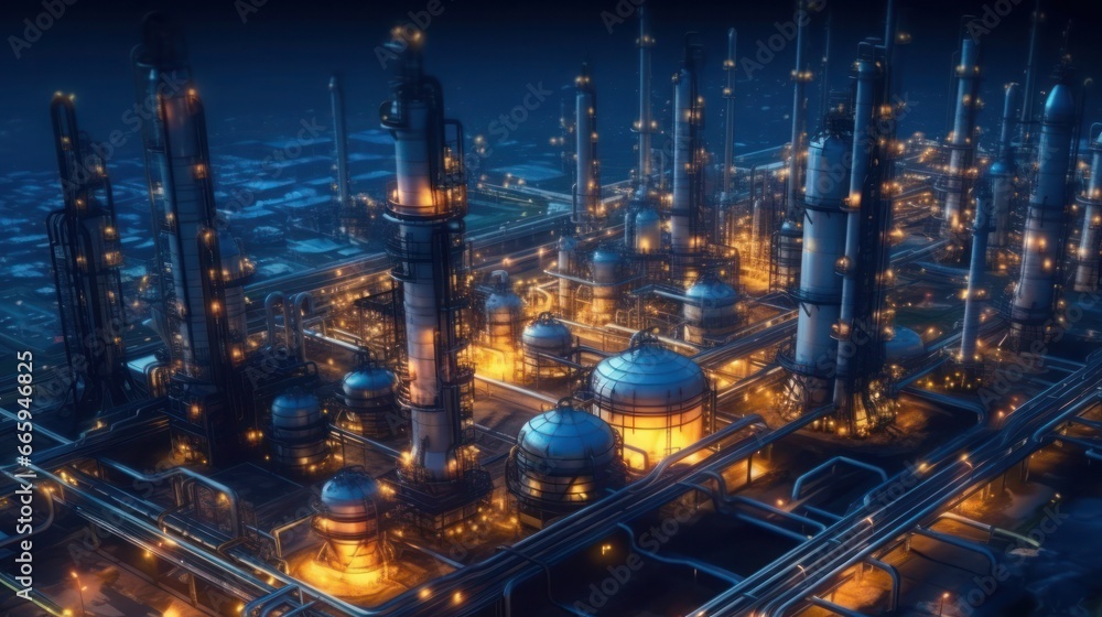 Fototapeta premium Close-up view Oil and gas industrial refinery zone,Detail of equipment oil pipeline steel with valve from large oil storage tank at cloudy sky