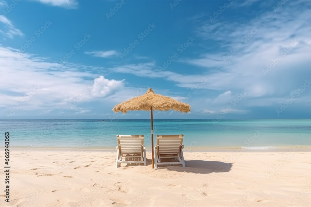 Tranquil beach scene, Panoramic tropical beach landscape for background or wallpaper, two lounge chairs with umbrella, soft lightinig