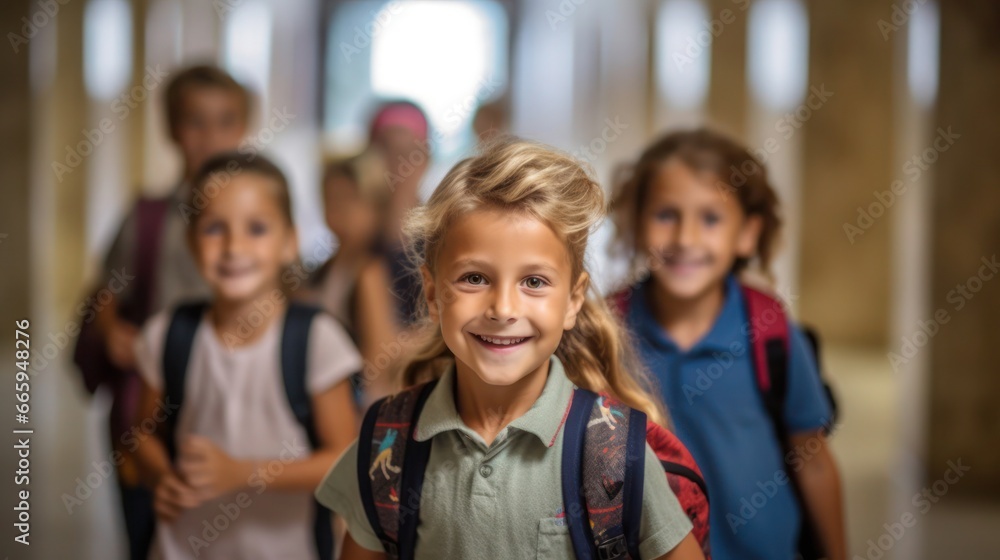 Group of young children walking together in friendship, embodying the back-to-school concept on their first day of school Group of young children walking together in friendship, embodying the back-to-school concept on their first day of school