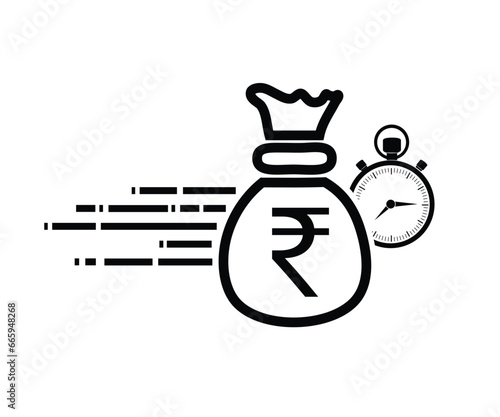 Quick and easy loan, fast Rupee money providence, business and finance services, timely payment, financial solution. Rupee with stopwatch icon. Vector illustration