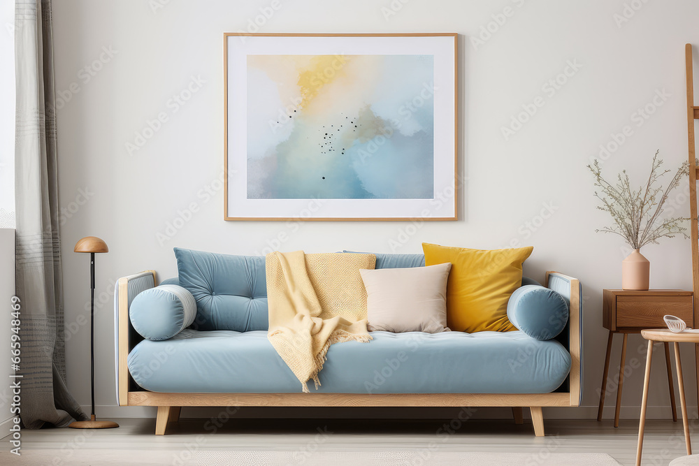 Scandinavian home interior where a blue sofa, yellow accents, and an artistic frame poster adorn a cozy living room against a beige wall, elegance, comfort and chic style. Scandinavian home interior where a blue sofa, yellow accents, and an artistic frame poster adorn a cozy living room against a beige wall, elegance, comfort and chic style.
