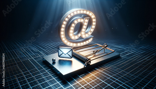 An email in a mousetrap. Dangers of email. Phishing, ransomware or virus risk. Cybersecurity concept. 