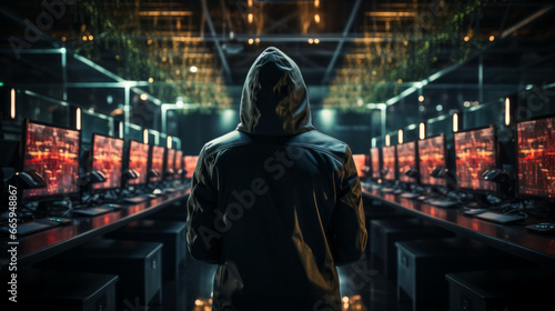 A hacker wearing a hoodie in a room full of computers. Cyber security. Hacking and cracking. Cyber espionage. Cyber threat. The dark web. photo