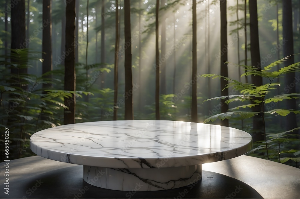 Luxury Podium pedestal White Empty Marble Table for Product Placement with forest view