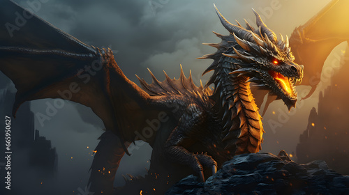 Fierce Dragon Perched Atop a Mountain  Overlooking a Burned Cityscape  Its Glowing Eyes Illuminating the Dusk.