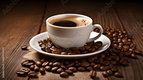 Flavorful coffee in a white cup and scattered coffee beans on the table.