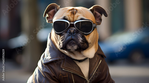 Cool Bulldog Rocking Sunglasses and a Stylish Leather Jacket in the City.