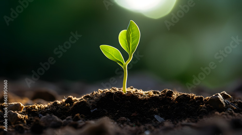 A young green sprout sprouted from a seed in the ground