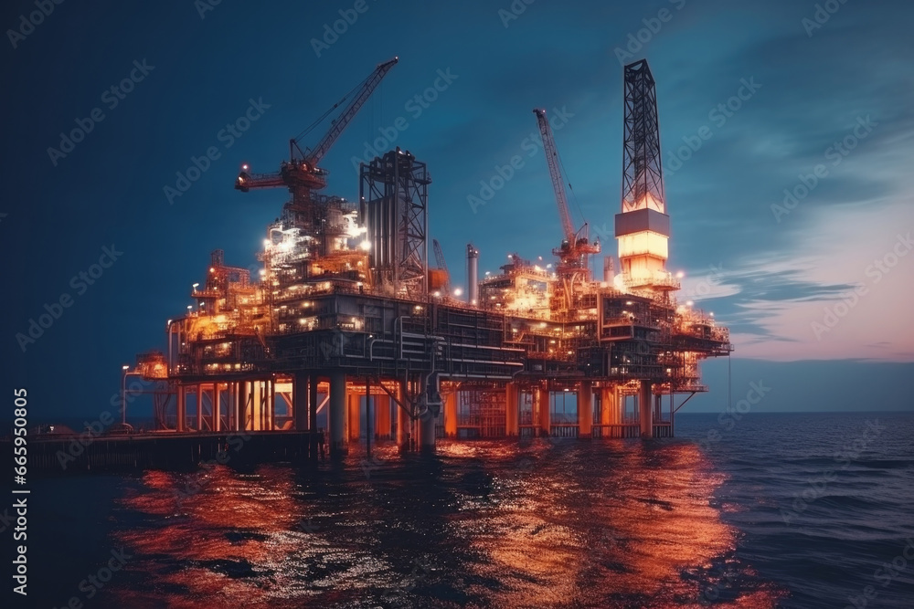Oil drilling derricks at sea oilfield. Crude oil production from the ground. Petroleum production. Night time.