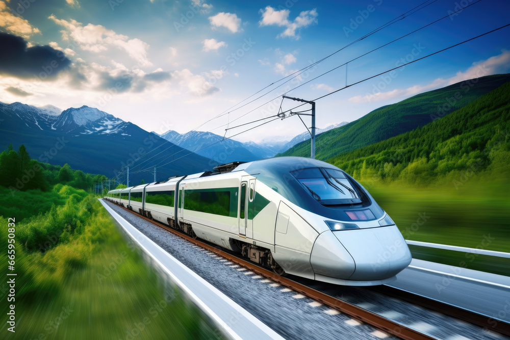 a long high-speed train travels at high speed around a mountain, nature motion blur