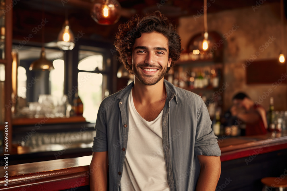 happy young man at the bar looking at camera and smiling while leaning on the bar counter in cafe happy young man at the bar looking at camera and smiling while leaning on the bar counter in cafe