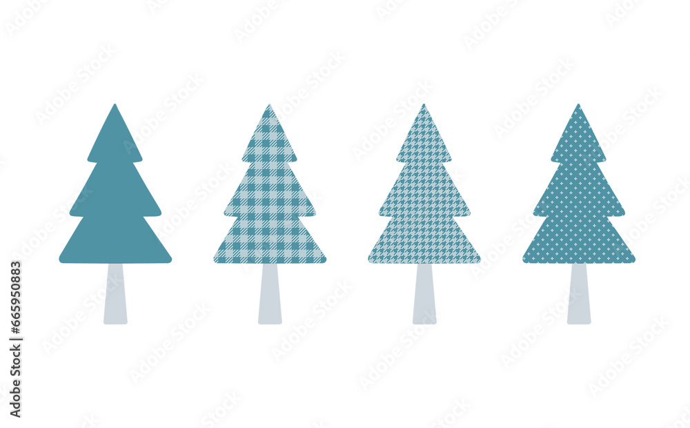Obraz premium Hand drawn blue and white Christmas tree material. Set of 4 different patterns. Suitable for Christmas cards, Christmas posters, Greeting cards, Posters, postcards,banner, promotions and advertising.