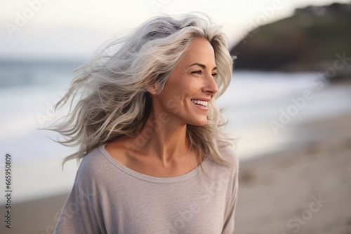 Ederly beautiful mature woman with long gray hair enjoying walk along beach. Looking at camera.