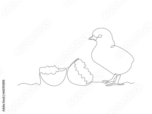 Abstract broken empty egg, egg shell and small newborn chick, continuous one line art drawing