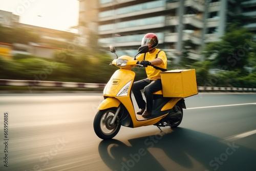 Man courier using a on a yellow moped with a cube-shaped delivery bag moving fast on motorway road in city urban to find the delivery address photo